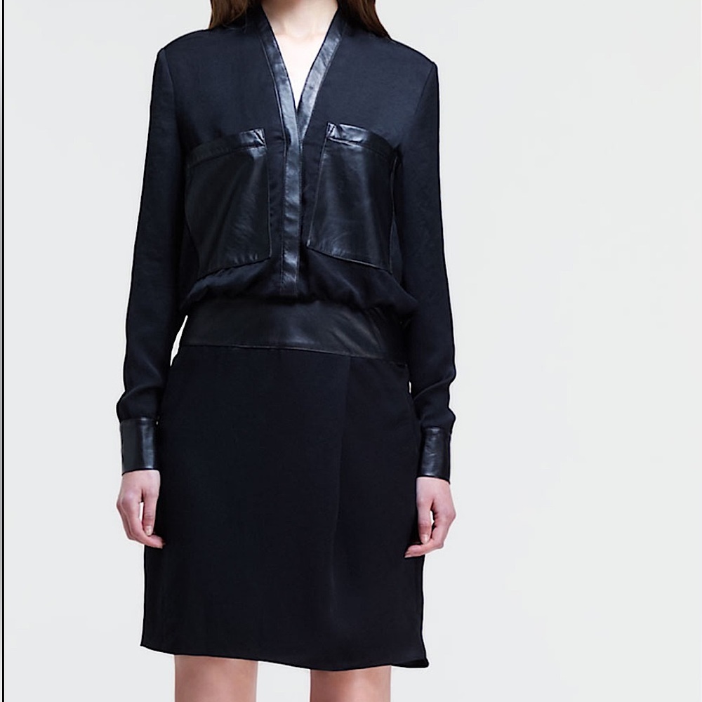 HELMUT LANG Leather-Pocket Long-Sleeve Shirtdress in Black SZ 0